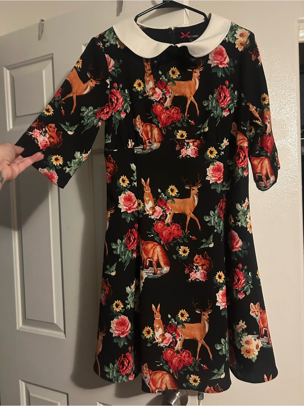 Hell Bunny Black Floral & Woodland Animal Peter Pan Collar Dress